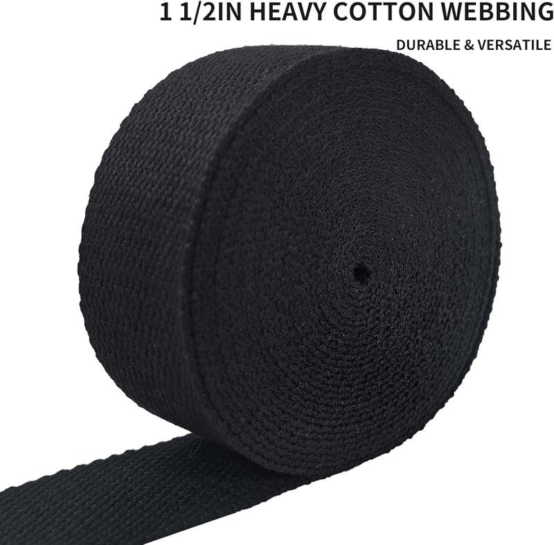 Evora 1.5 inch Cotton Webbing Braid Handles Bag Strap 15ft High Density Webbing Plain Weave Straps for Cloth Tote Bag, Pet Collars, DIY Projects, Crafts, Outdoor Accessories (Black 5103) - Image 2